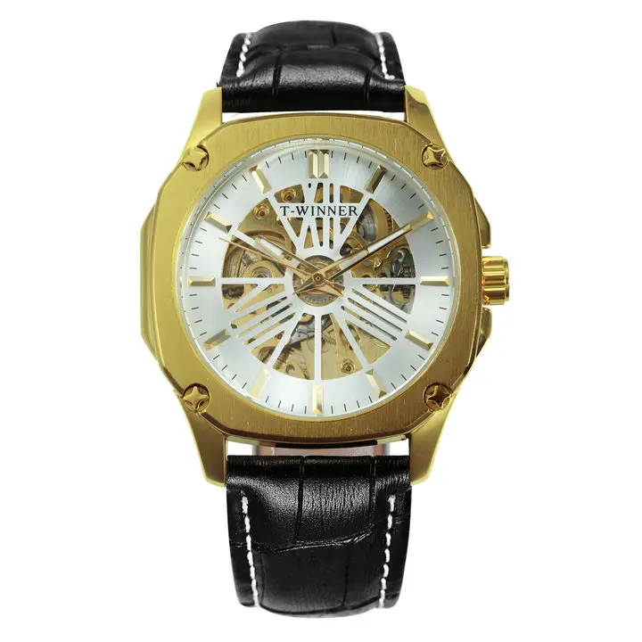 LEATHER GOLD WHITE WINNER официальный Винтаж автоматические часы для мужчин Скелет Механические мужские s часы лучший бренд класса люкс розовое золото классическое платье часы - Цвет: LEATHER GOLD WHITE