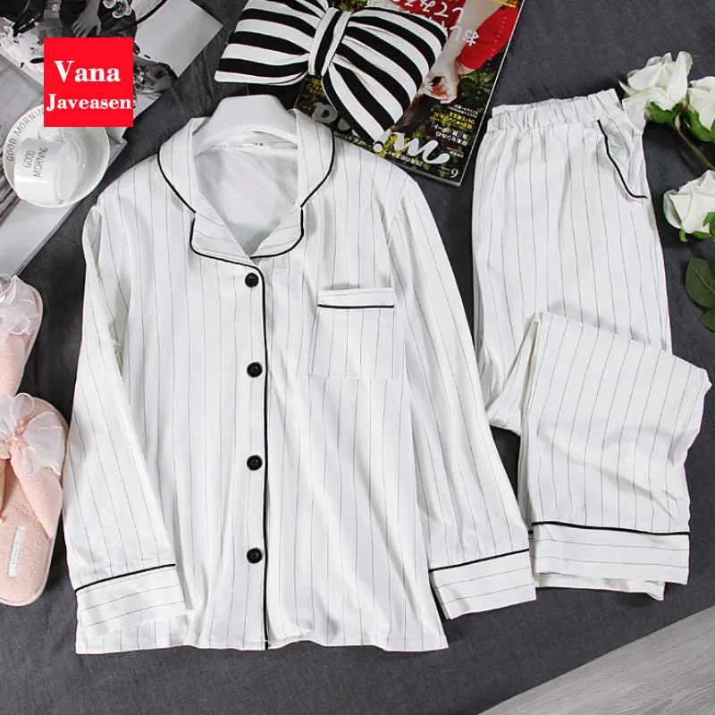Vana Javeasen повседневные белые полосатые женские пижамные комплекты хлопок Весна Осень Студенческая Домашняя одежда облегающая женская ночная рубашка пижама