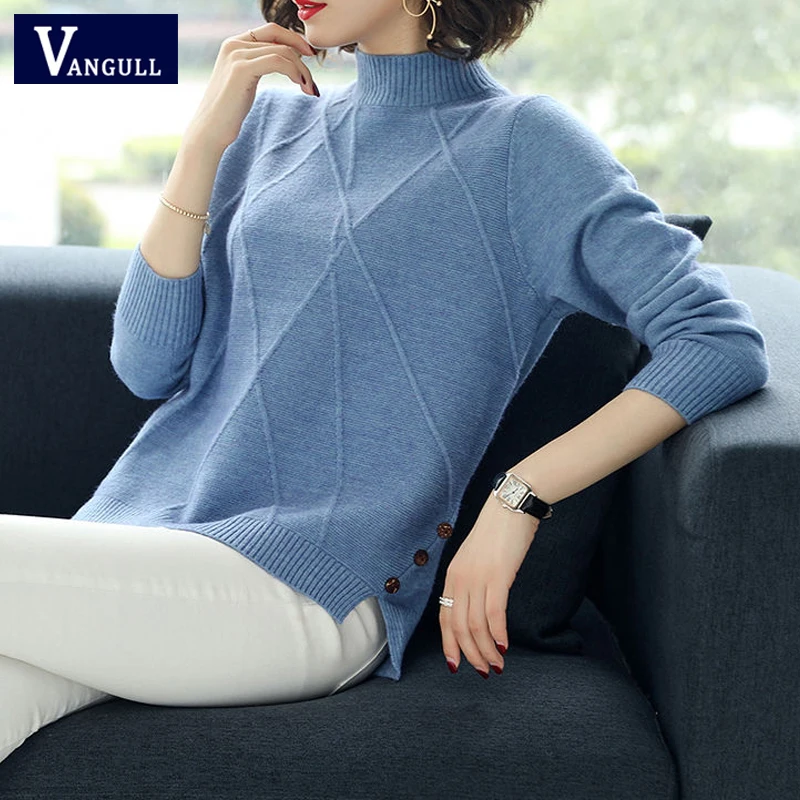 Tanie Vangull pół dziergane swetry z golfem kobiety z długim rękawem gruby miękki sweter swetry 2019 zima nowy jednolity najniższy koszulka