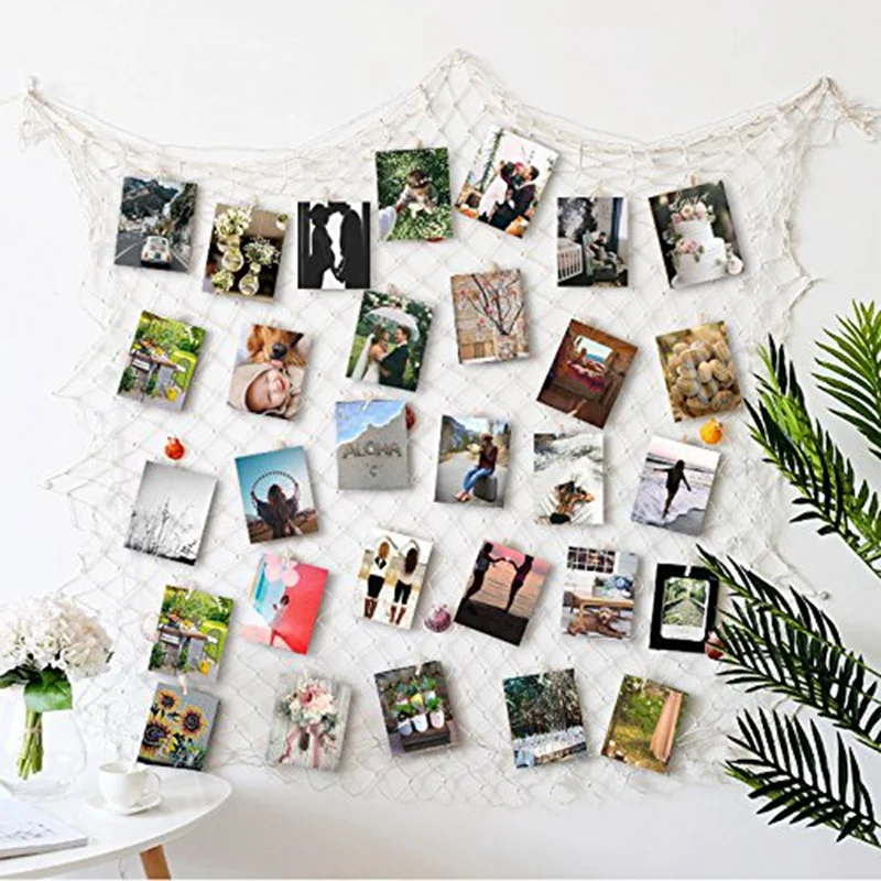 Photo Hanging Display with 40 Clip Fishing Net Wall Decor Picture Frames 
