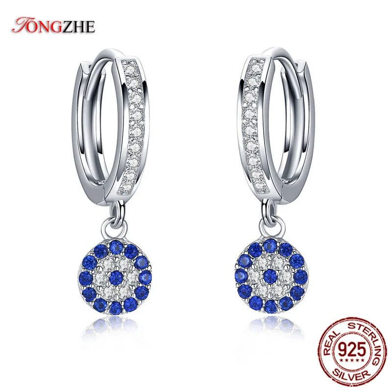 

TONGZHE 925 Sterling Silver Hoop Earrings For Women Blue CZ Crystal Luxury Turkish Evil Eye Earring Lucky Wedding Fine Jewelry