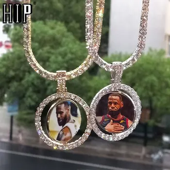 

Hip Hop Custom Made Photo Round Rotating Double-sided Iced Out Bling Cubic Zircon Necklace&Pendant For Men Jewelry Tennis Chain
