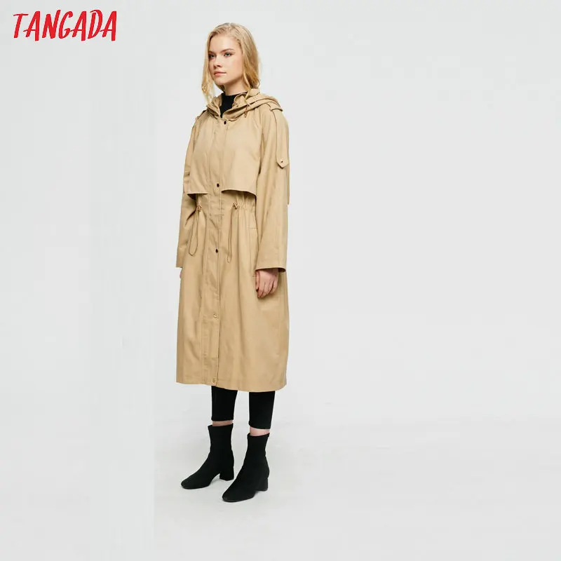 Tangada Осень Зима Женский Длинный плащ с капюшоном элегантный эластичный пояс негабаритная ветровка верхняя одежда корейская мода 2Z09