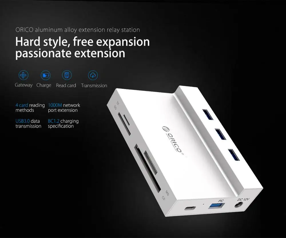 ORICO USB 3,0 концентратор к мульти USB3.0 RJ45 карты памяти SD/TF MS/CF Тип C разделительная карта считывания док-станция с Мощность адаптер для компьютера аксессуары