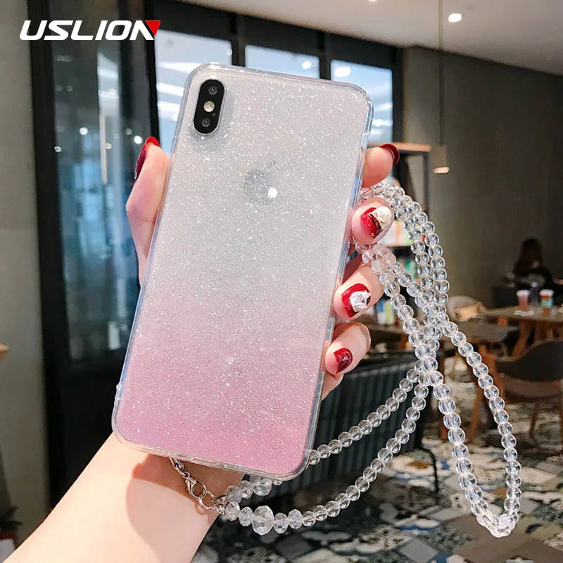 

USLION Glitter Gradient Phone Case For iPhone XS X XR Xs Max Bling Powder Soft Cover For iPhone 6 6s 7 8 Plus Case With Lanyard