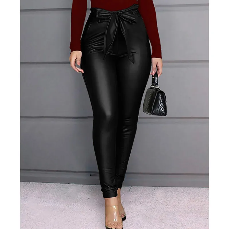 

Women Night Club PU Leather Stretch Pencil Slim Pants Streetwear Skinny High Waist Trousers 2020 New