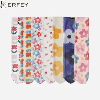 

LERFEY Women Socks Funny Mesh Flower Print Happy Japanese Harajuku Colorful Novelty Transparent Summer Thin Socks Hosiery