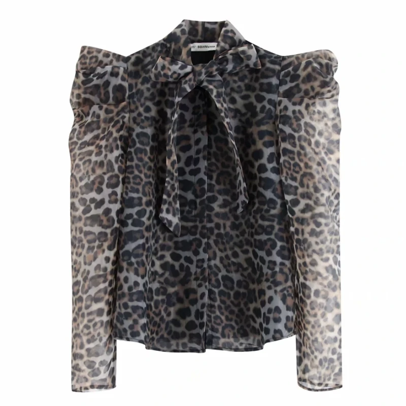 

New women vintage puff sleeve animal texture print transparent organza kimono blouse shirts women bow leopard blusas tops LS6014