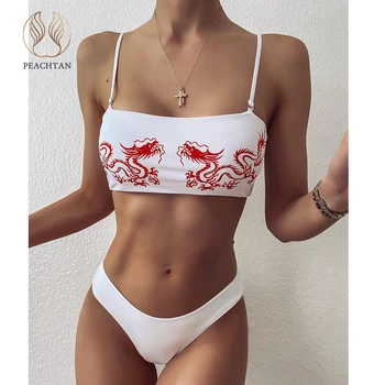 

Peachtan Sexy bandeau bikinis 2020 mujer Dragon print swimsuit women High cut swimwear female Vintage bathing suit Biquini New