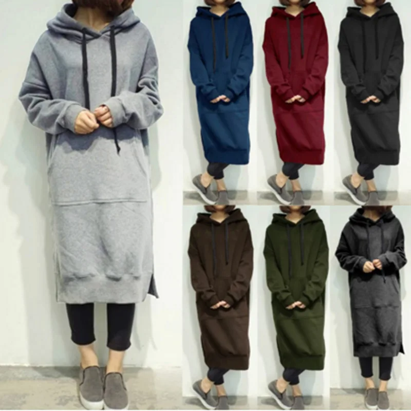 Women Loose Long Hoodie Casual Solid Color Hooded Sweatshirts Student's Autumn Winter Baggy Pullover Oversized Sweatshirt Dress | Женская