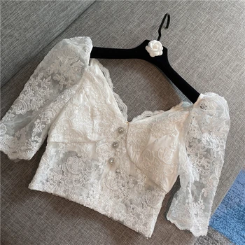 

2020 Brand Fashion Spring and Summer Embroidery Short Gauze Tops Slim Lace Shirts Crop Tops Lady Short Sleeve Sexy Lace Blouses