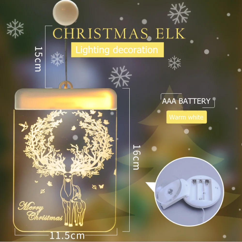 Рождественский светодиодный Сказочный светильник акриловый Теплый Белый 3D праздничный ночник подвесной колокольчик Санты Снежинка освещение окон украшение