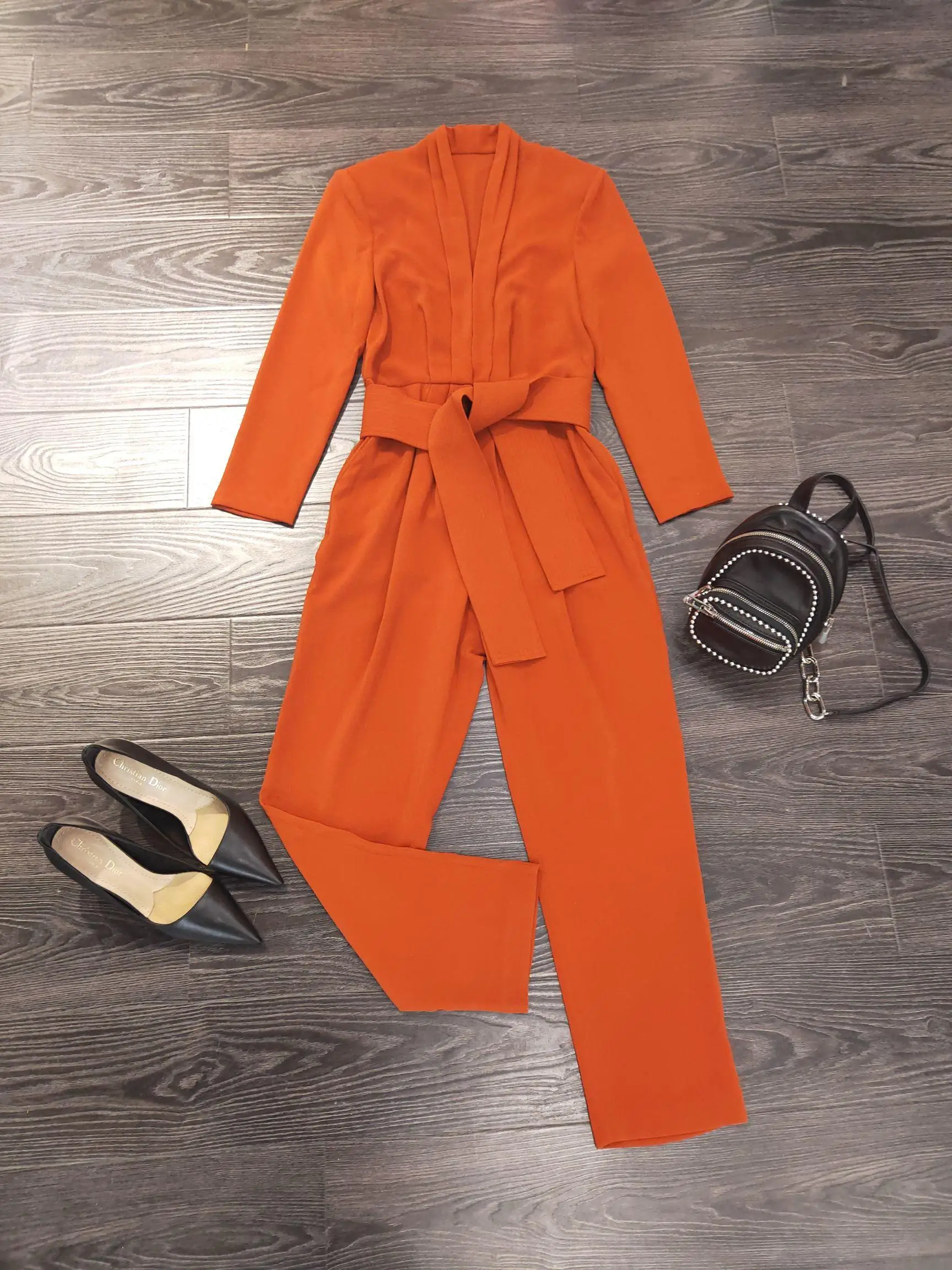 

2019 early autumn female new fashion casual V-neck belt waist slimming one-piece trousers 0729