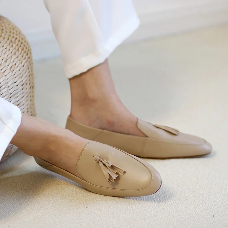 MEZEREON Women Cow Leather Round Toe Flats Fringe Loafers Women Low Heels Fashion Spring Autumn Mules Woman Simple Shoes 2021