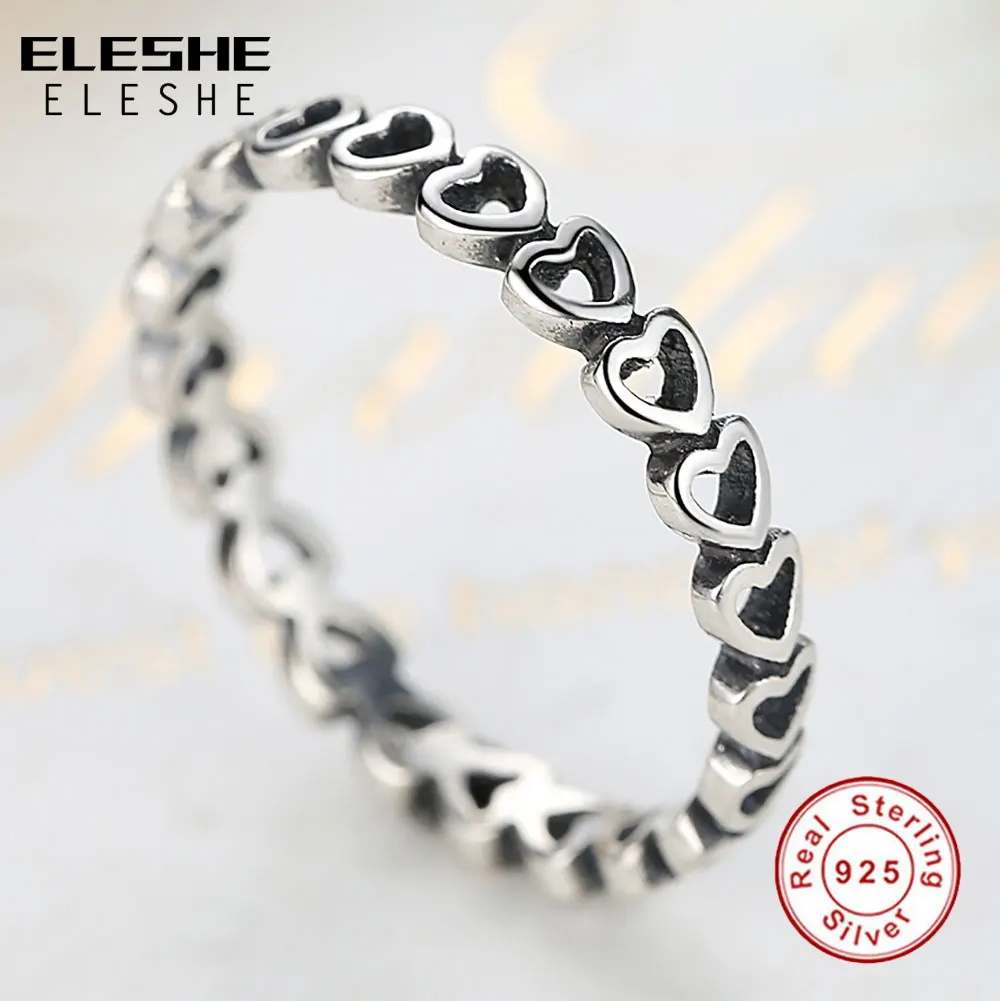 ELESHE натуральная 925 пробы серебро стекируемые кольцо в форме сердца, с украшением в виде кристаллов CZ кольцо для Для женщин украшения на свадьбу, годовщину подарок