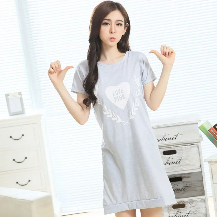 

Summer Nightgown Female Summer Gray Cartoon Cute Single Side Knit Cotton Wheat Peach Heart Short Sleeve Medium Length Pajamas Ho