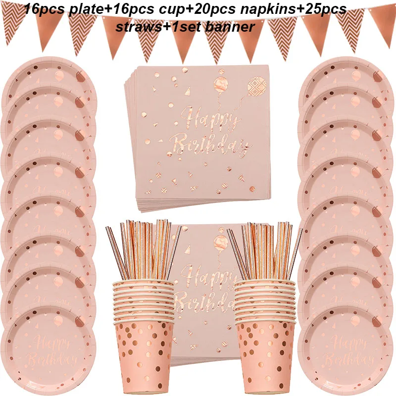 78 unids/set Rosa hoja de oro puntos de mesa toalla de papel taza placa desechable de adulto fiesta de cumpleaños, decoración de la boda de vajilla