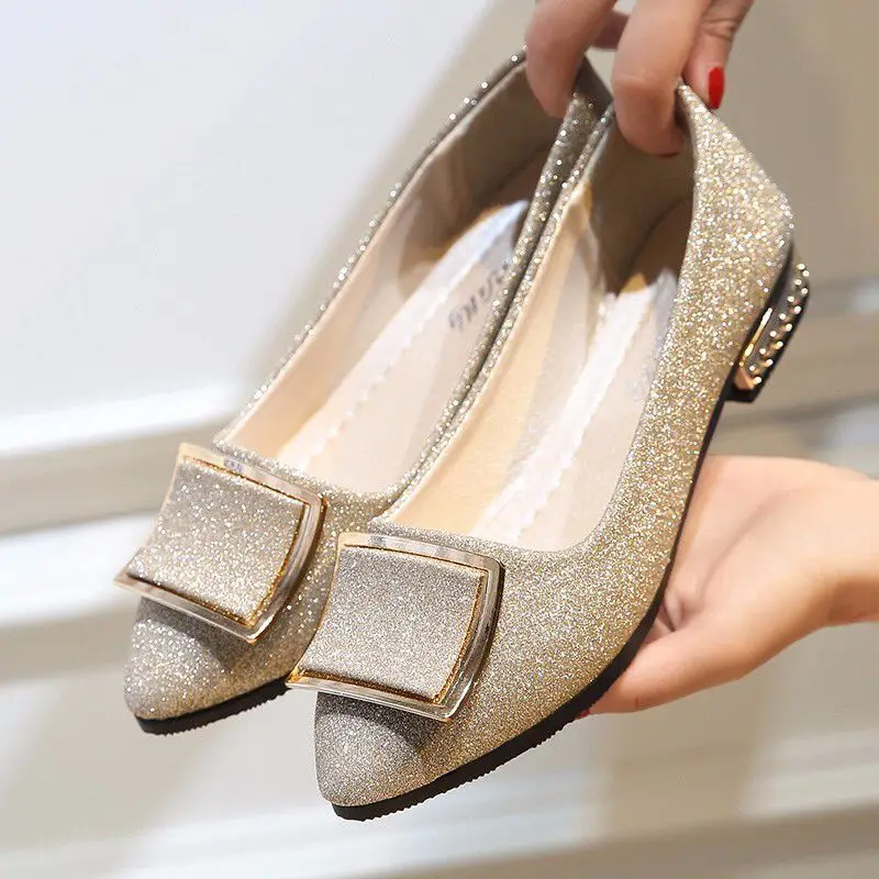 

Factory direct flat cool gold buckle flat shoes ladies Lok Fu shoes ballet pointed shoes Bling Bling black casual shoes