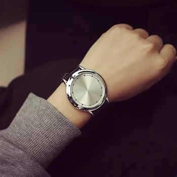

LED Tou-ch Control Round Fashion Men Dial Faux Leather Band Quartz Wrist Wa Roman Numerals Quartz Necklace Poc-ket