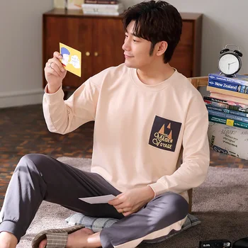 

Men's Pajamas Set Autumn Winter Leisure Elastic Waist Men Sleepwear Cotton Men's Long Sleeve Nightwear Top Long Pant Home Cloth