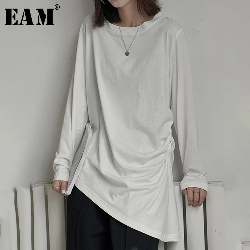 

[EAM] Women White Drawstring Brief Temperament T-shirt New Round Neck Long Sleeve Fashion Tide Spring Autumn 2019 1D578