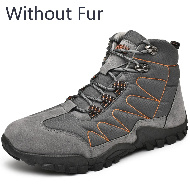 Grey Without Fur Зимние ботинки на меху для мужчин, кроссовки, уличные водонепроницаемые походные Теплые ботильоны с плюшем, резиновая мужская обувь, размер 38-46 - Цвет: Grey Without Fur