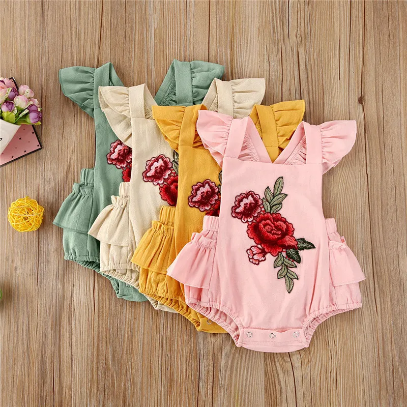 

Sweet Hot Baby Girls Summer Clothes Romper 4 Colors Embroidery Flower Cotton Jumpsuit Newborn Baby Girls Backless Rompers 0-24M