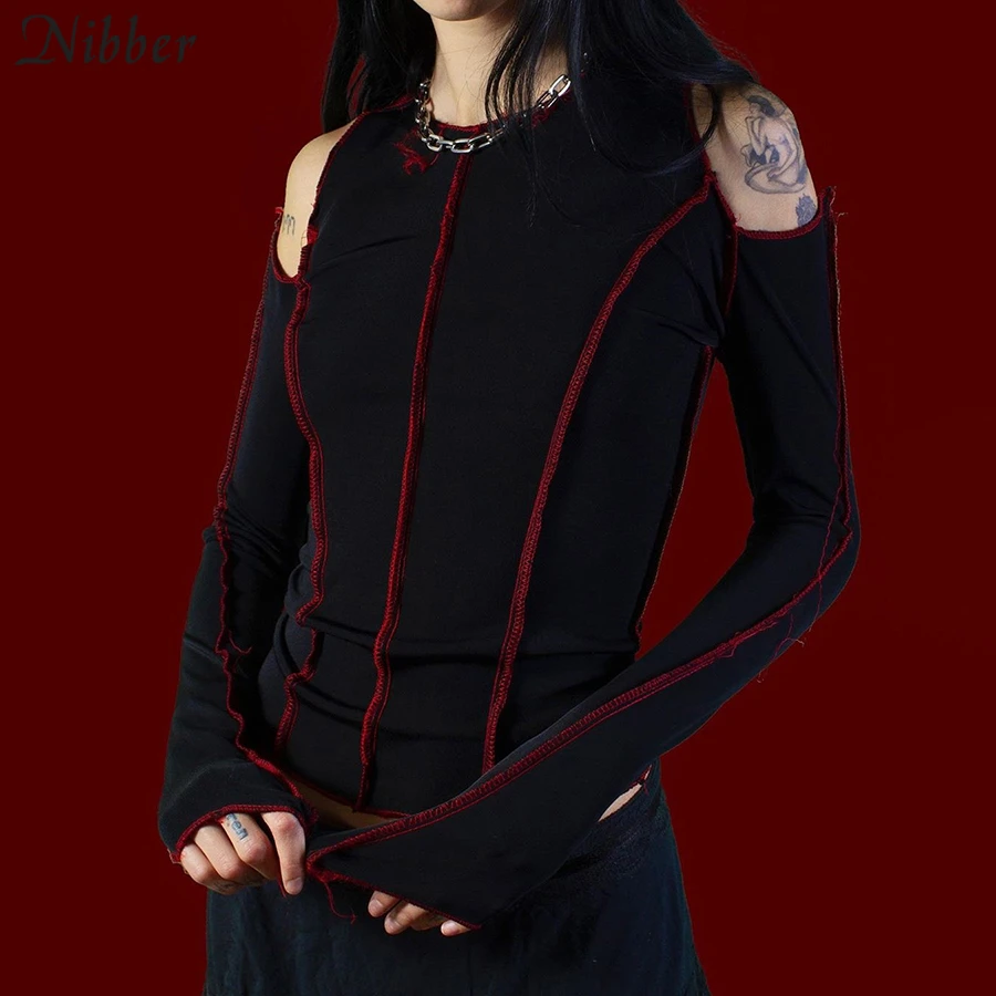 

NIBBER simple Black Stripe design hollow out crop tops women 2019autumn winter fashion full sleeve T-shirts Harajuku tees mujer