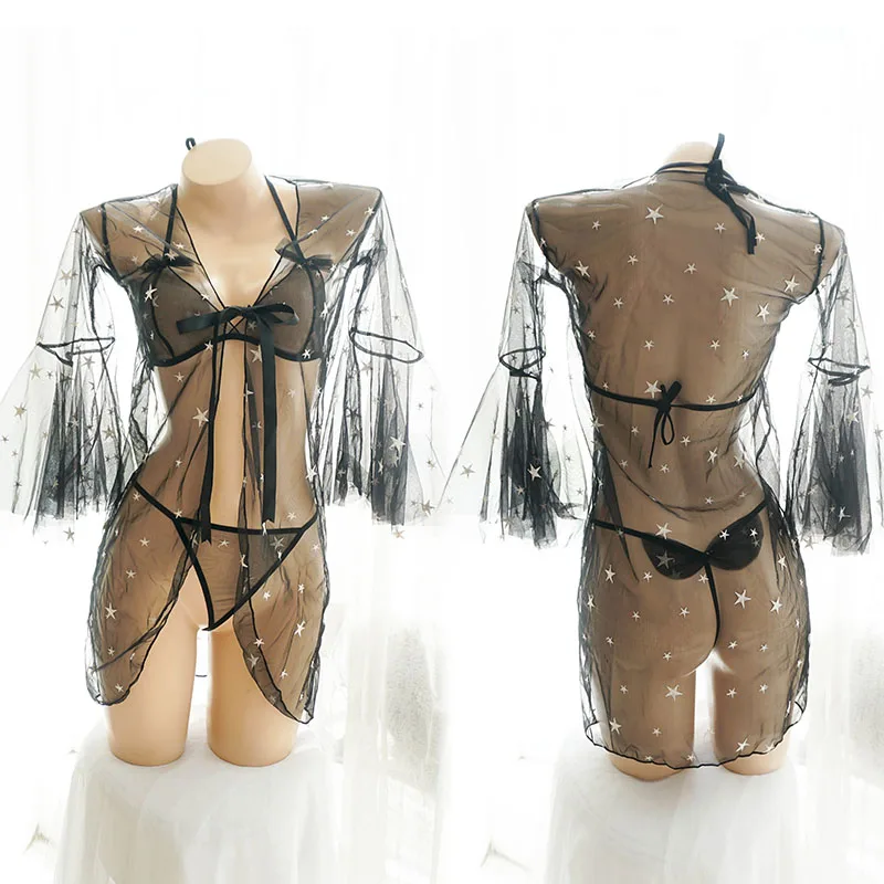 

Japanese Sexy Lingerie Print Black Sexy Pajamas Home Underwear Cute Three-point Perspective Underwear Set Pajamas for Women