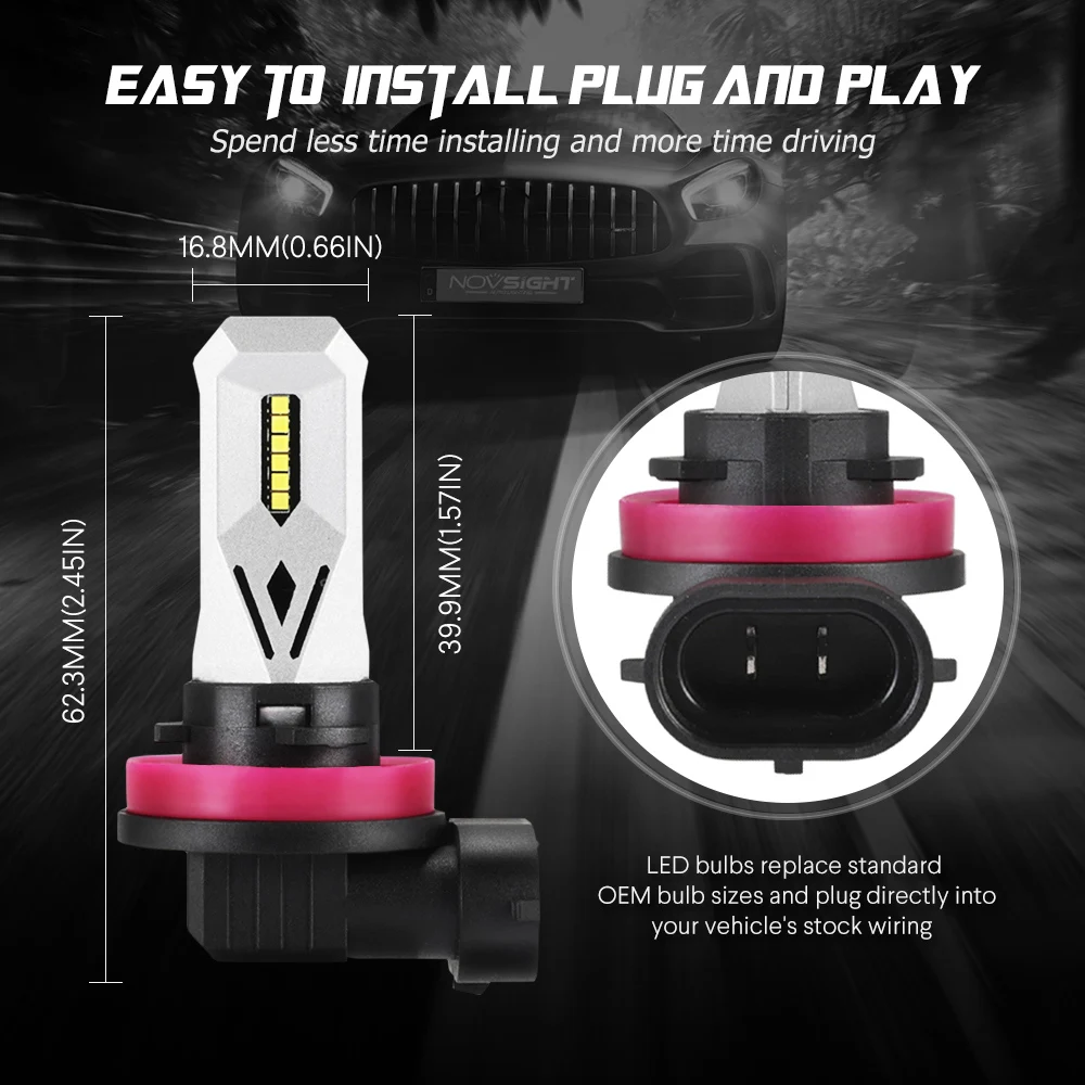 Novsight 2 шт H7/H11/9005/9006 80 Вт Автомобильный светодиодный противотуманный светильник, сменный комплект для фар дальнего света