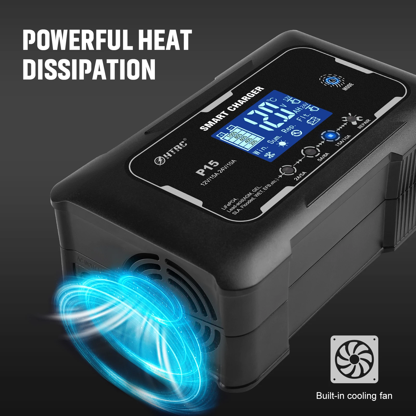 HTRC 12V-24V 35A/25A/20A/15A/10A Car Battery Charger LCD Automatic Pulse Repair Charge for Lifepo4 AGM Lead-Acid Lithium Batteri - Image 5