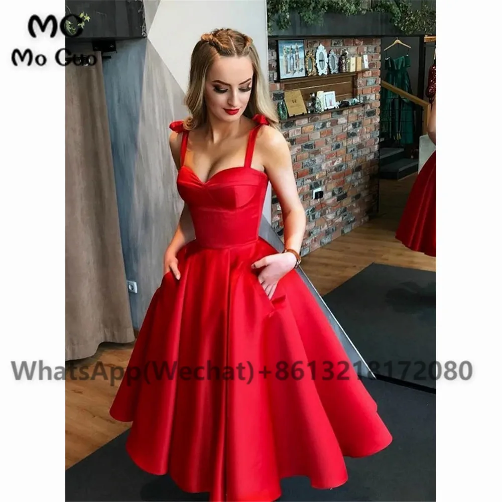 A-Line Red Satin Straps Tea Length Prom Dress With Pocket (1)