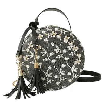 

Fashion Women Embroidery Tassel Crossbody Bags Round Tote Handbags Shoulder Bag Candy Color Leather Bag Sac Main Femme#LR3