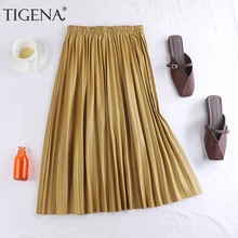 Женская плиссированные юбка из искусственной кожи TIGENA, юбка миди с высокой талиейдля женщин на осень-зиму