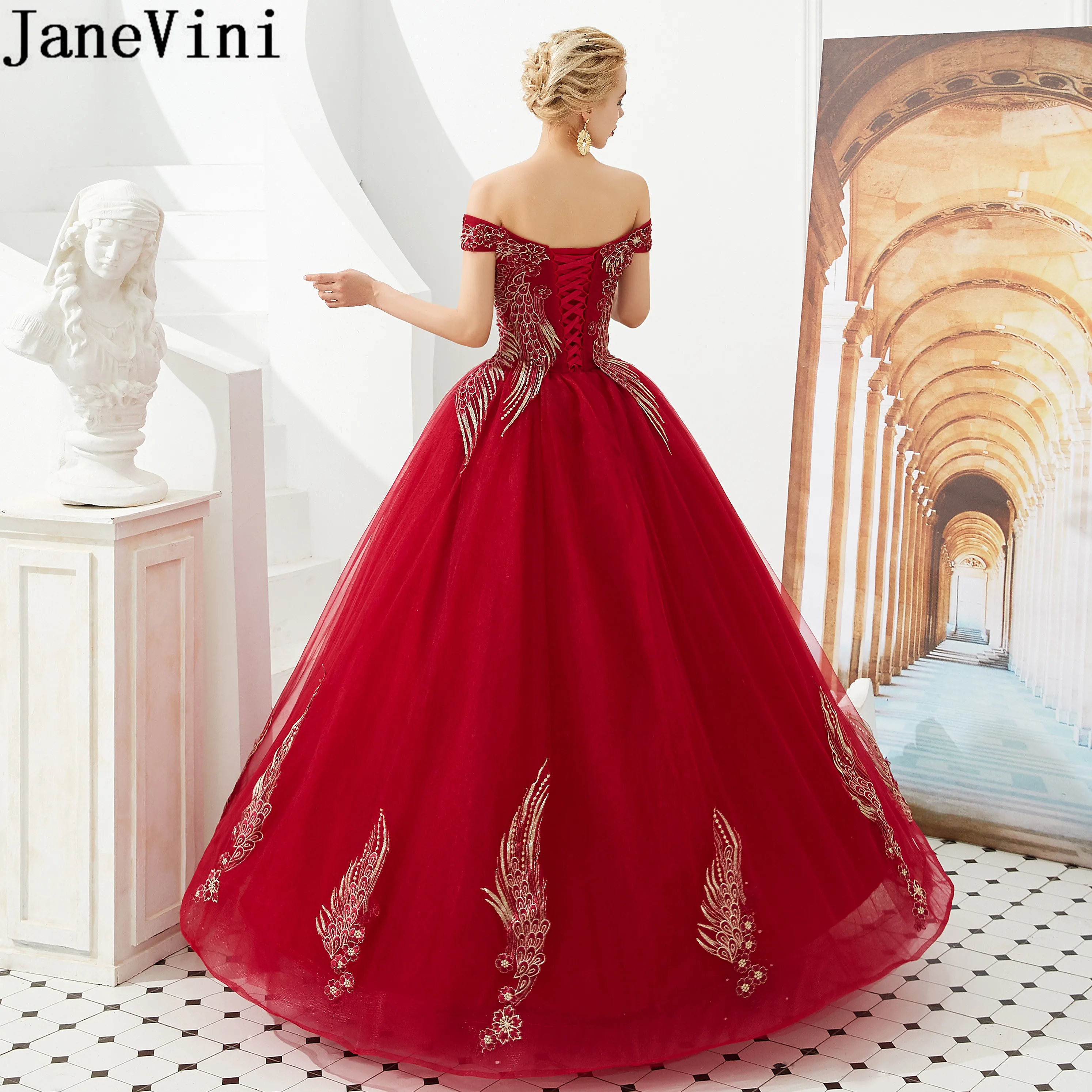 JaneVini/пышные тюлевые Длинные Бордовые платья для выпускного вечера для девочек, расшитое бисером вечернее платье с кружевной аппликацией вечерние платья нарядное платье