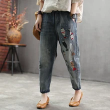 Осень, новинка, стиль искусства, женские рваные джинсы, вышивка в виде рыбы, винтажные джинсы, эластичная талия, хлопок, деним, свободные шаровары, D494