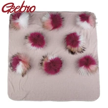 Geebro/теплые хлопковые пеленки, одеяло для новорожденных детей, мягкое одеяло для сна для путешествий с 8 натуральными трехцветными меховыми помпонами, постельные принадлежности