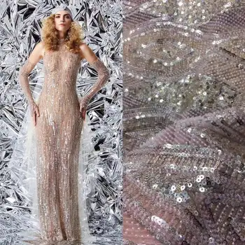 

Modern design silver French net lace fabric African sequins lace with full deads embroidery tulle lace fabric for party dress