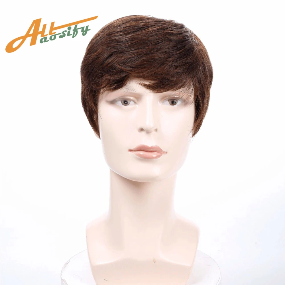 Allaosify Synthetic Short Straight Wigs for Men Natural Hair Pieces Men's Wigs Heat Resistant Fake Hair Wigs for Black Women#4