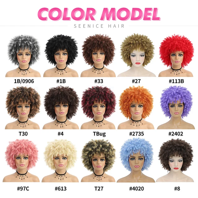 Short Curly Wig With Bangs Afro Kinky Curly Synthetic Wigs For Black Women Ombre Natural Heat