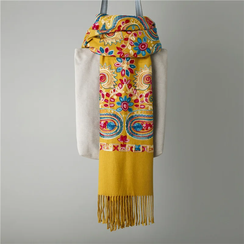 Высококачественный Женский кашемировый шарф, этнический стиль, вышивка, женские зимние шарфы, желтый, розовый, синий, женский шарф, шерстяное пончо - Цвет: Цвет: желтый