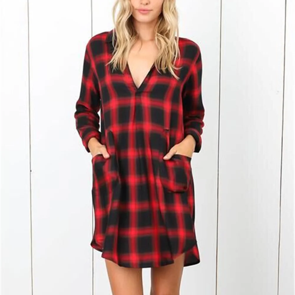 

Women Loose Plaid Dress V-neck Casual Ladies Office Shirt Dresses 2019 Autumn Spring Long Sleeve Dresses Vestidos Oc9