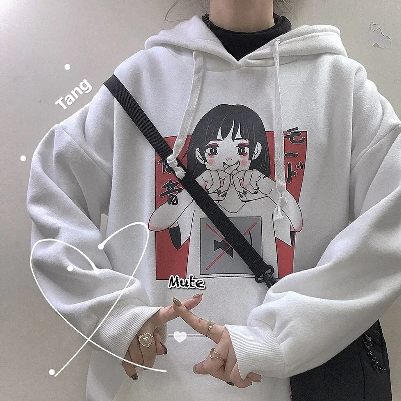 Женская толстовка с капюшоном Ulzzang зимняя японским мультяшным принтом в стиле