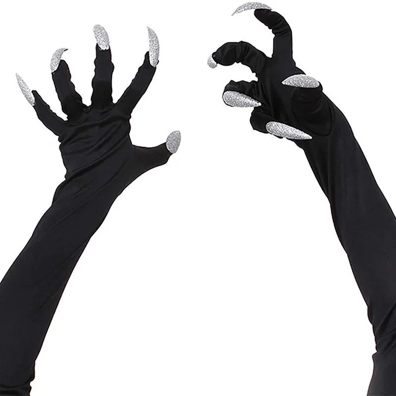 

Halloween Paw Nail Gloves Silver Vampire Sequined Women Nails Cosplay Costume Ghost Anime Zombie Scary Long Gloves Accessories
