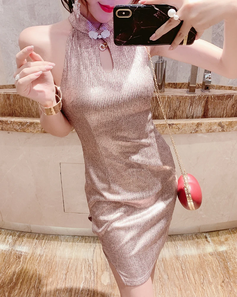 Женское винтажное короткое Ципао без рукавов, элегантное женское платье Чонсам с воротником-стойкой, сексуальное китайское платье для ночного клуба, vestidos