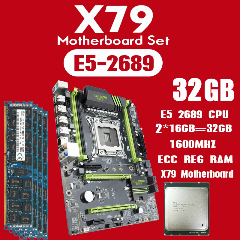 Kllisre X79 комплект материнской платы с Xeon E5 2689 2x16 ГБ = 32 Гб 1600 МГц DDR3 память ECC Reg ATX USB3.0 SATA3 PCI-E NVME M.2 SSD
