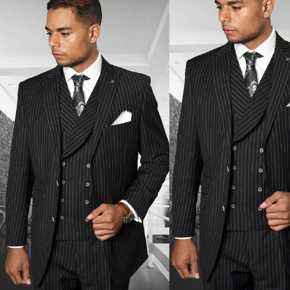 Handsome Mens Stripe Tuxedos Pants Suits Casual 3 Pieces Business Formal Wedding Grooms Party Made Vintage Blazer