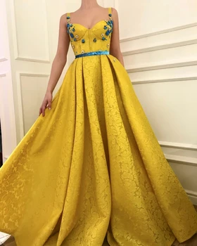 

Yellow Muslim Evening Dresses 2019 A-line Spaghetti Straps Lace Beaded Islamic Dubai Saudi Arabia Long Evening Gown Prom