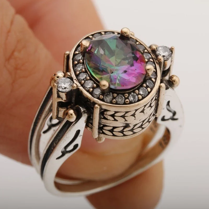 Finger Ring Reversible Ottoman Style Alexandrite and White Topaz For Woman