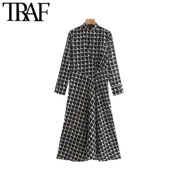 

TRAF Women Vintage Elegant Geometric Pattern Midi Dress Fashion Stand Collar Long Sleeve Back Zipper Dresses Vestidos Mujer